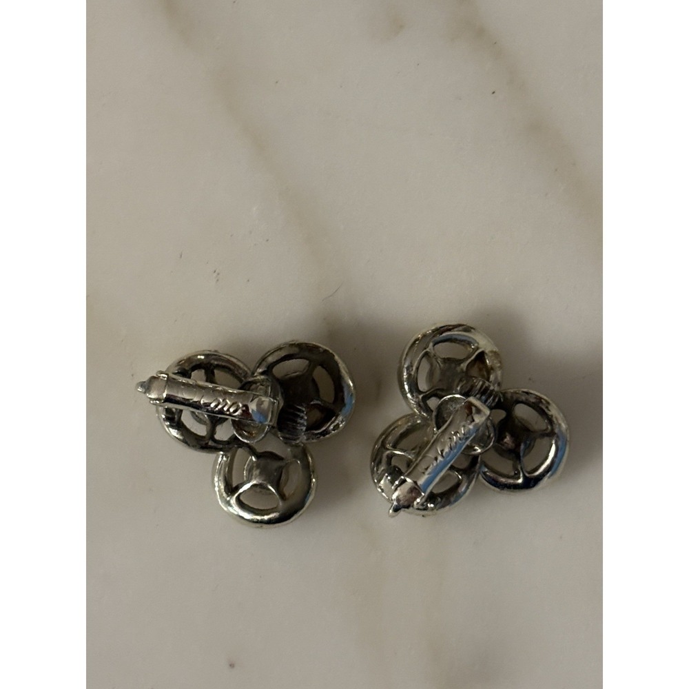 Vintage Coro Light Blue Clip-On Earrings 1/2" 3 Rhinestones On Silver Tone - Picture 2 of 4